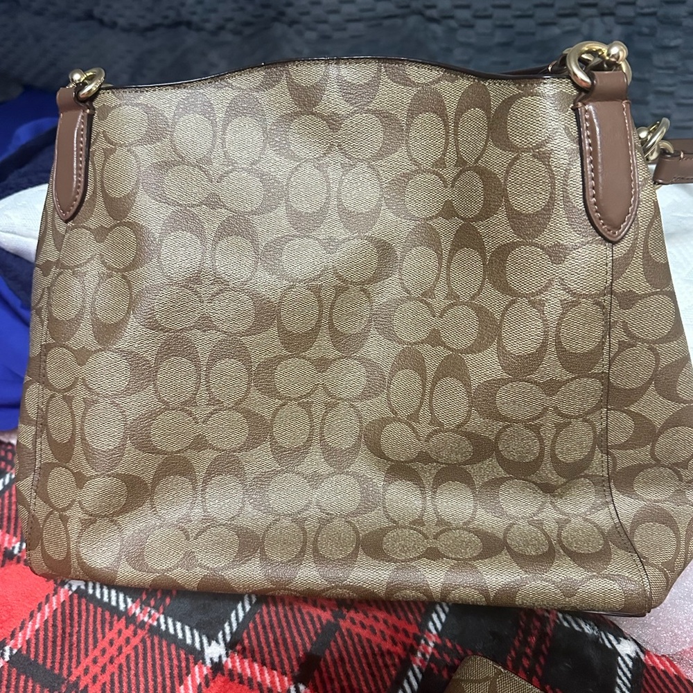 Coach Tan Signature Canvas Shoulder Bag with Gold-Tone Hardware